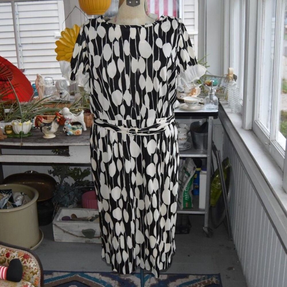 Vintage 60s Lane Bryant Black White Abstract Print Belted Dress Lace Cuffs L XL